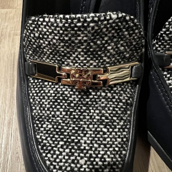 Tory Burch Women's Black Leather & Tweed wedges With Gold Hardware & Block Heels - Picture 3 of 7